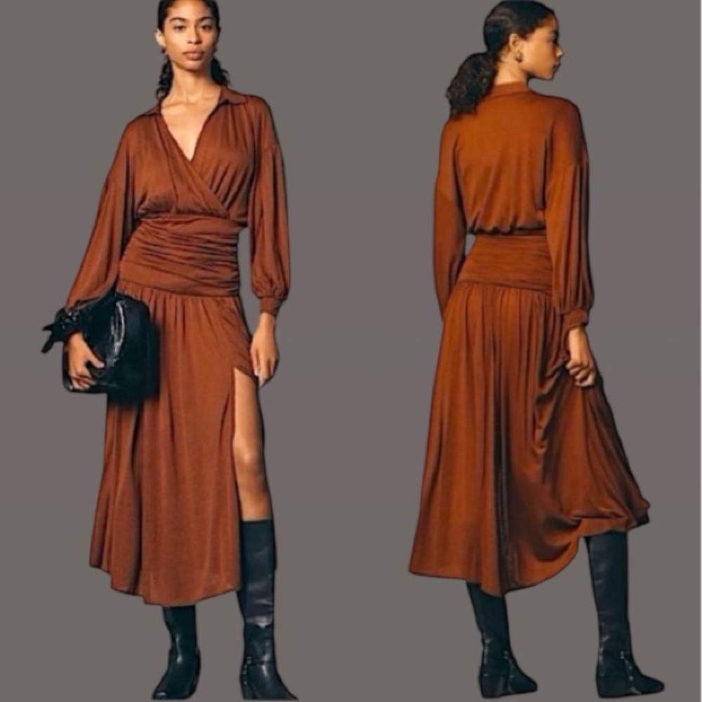 NWT Maeve High Slit Long-Sleeve V-Neck Ruched Midi Dress size XS tencel & wool